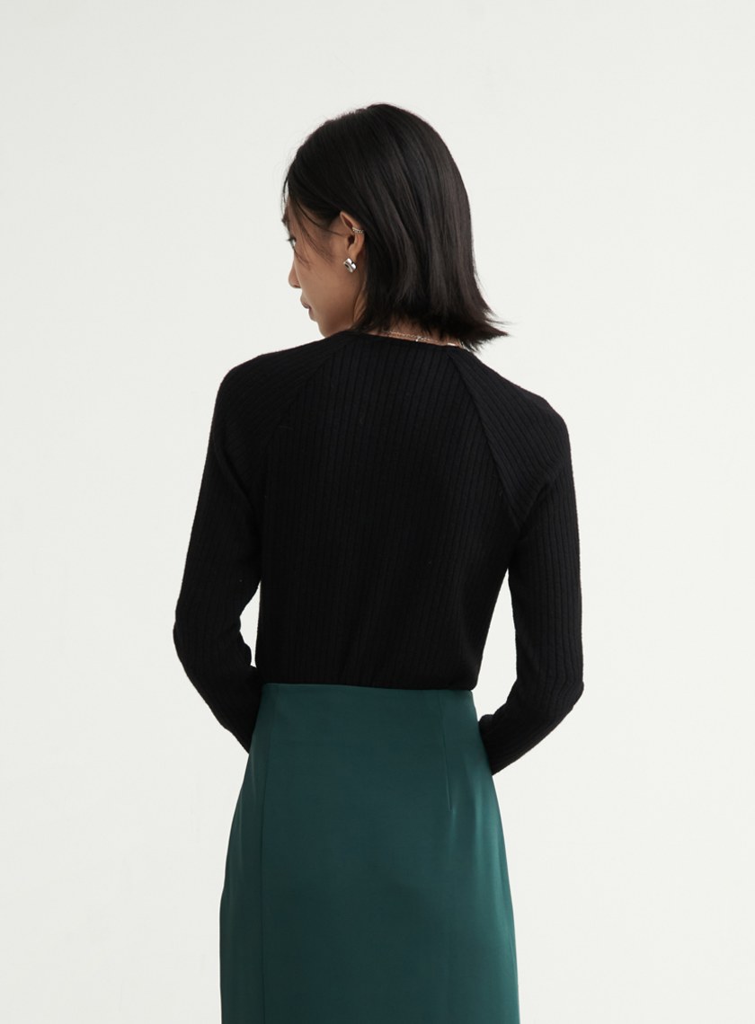 優雅方領坑條親膚長袖上衣